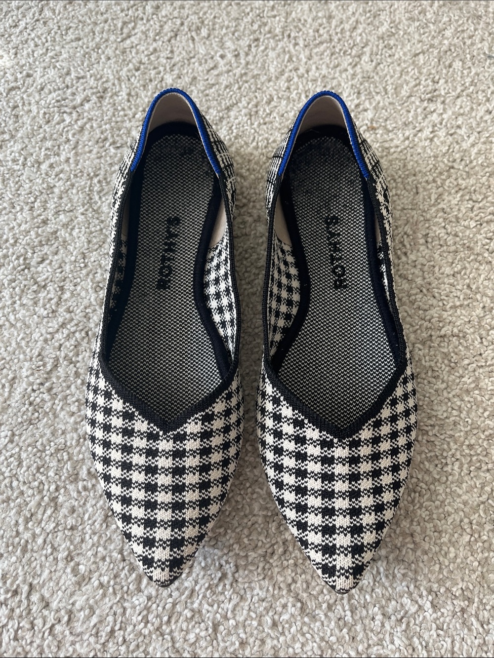 Rothy’s Black & White Houndstooth Pointed Ballet Flats with Blue Trim